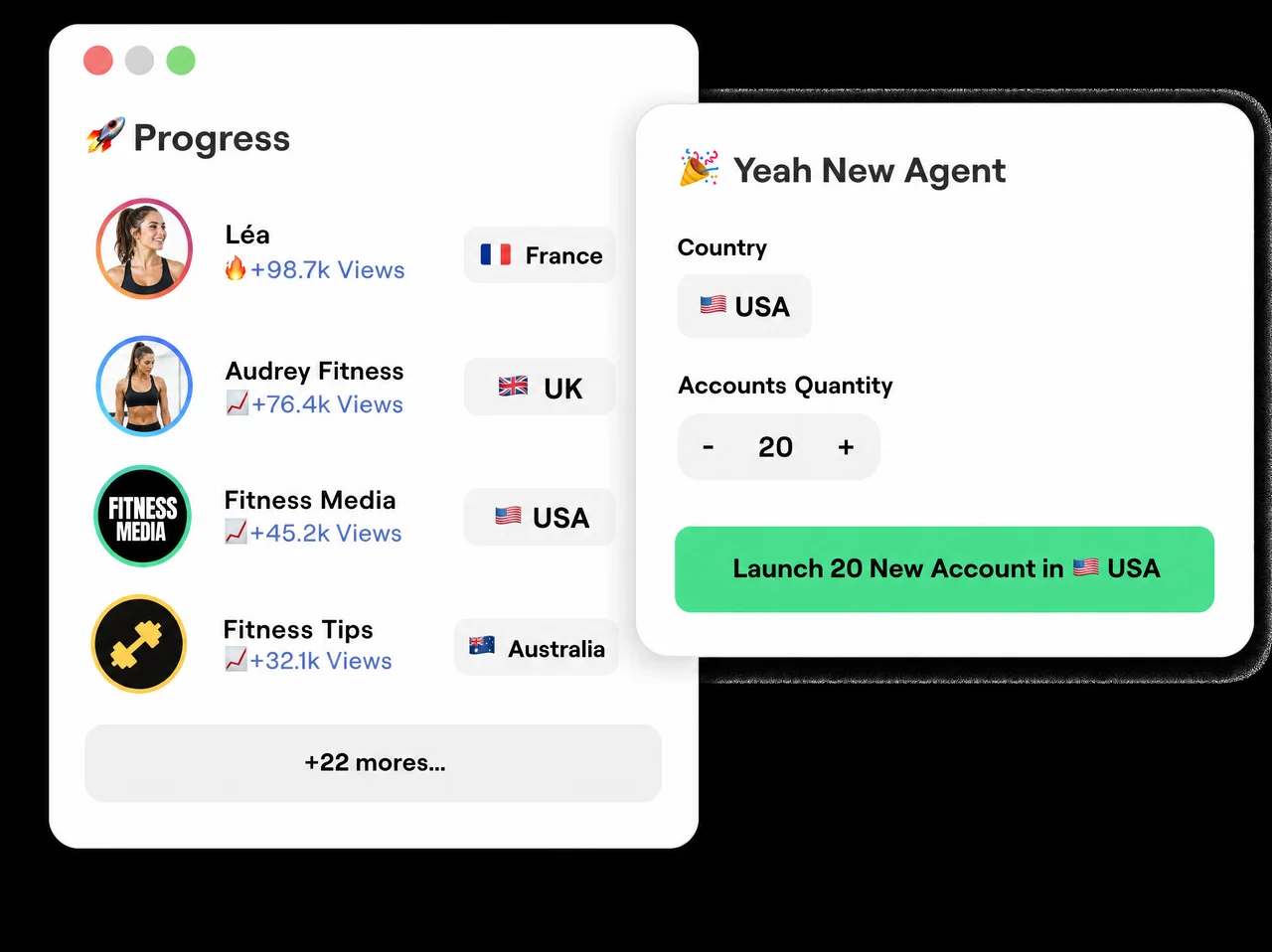 Trefly: per-country agent progress and one-click account launch
